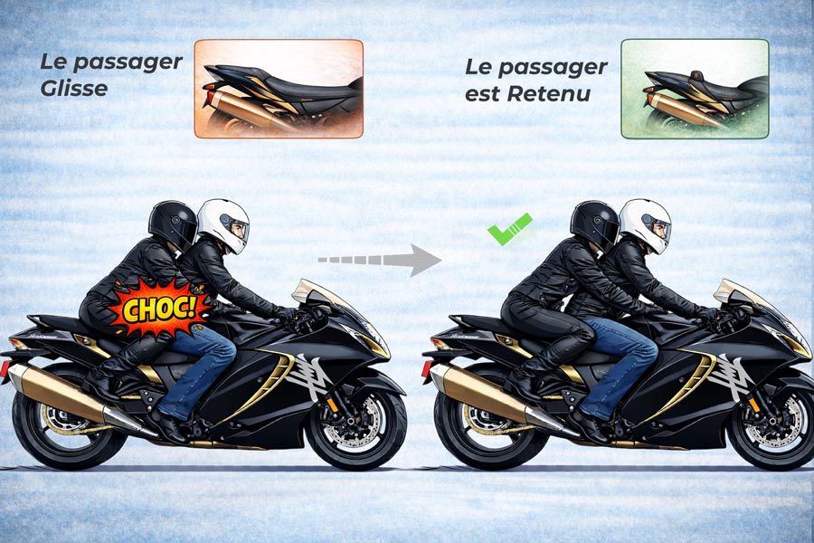 ergonomie selle moto confort : votre passager ne glisse plus